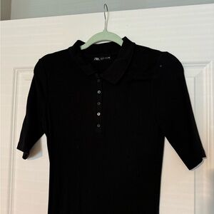 Stretchy Zara Black Midi Dress with Collar